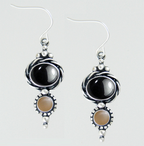 Sterling Silver Drop Dangle Earrings With Hematite And Peach Moonstone